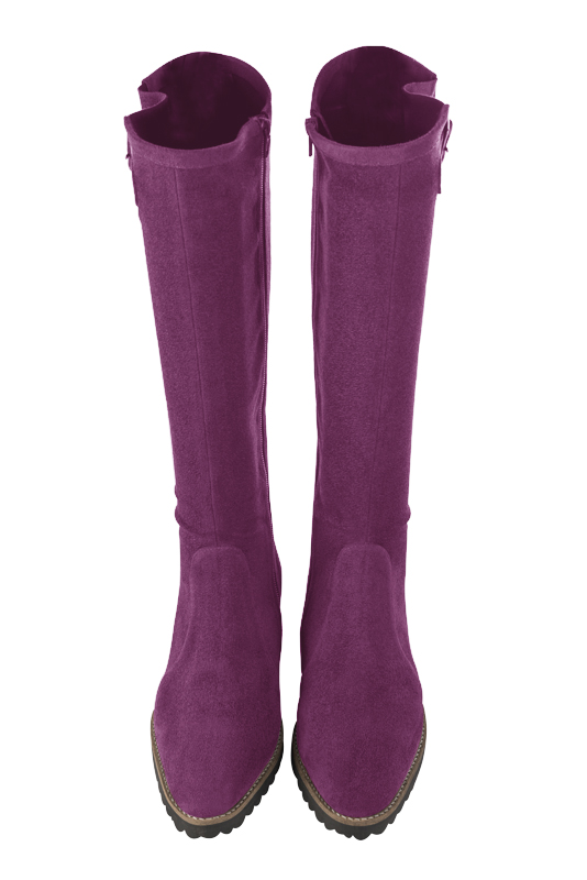 Mulberry purple women's knee-high boots with buckles. Round toe. Flat rubber soles. Made to measure. Top view - Florence KOOIJMAN